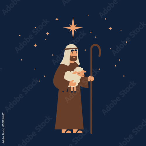 Flat illustration of a humble shepherd carrying a gentle lamb, standing under the bright Christmas star in the night sky