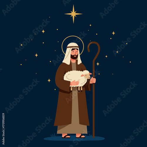 A Shepherd holding a lamb under the star of Bethlehem, a traditional nativity scene illustration