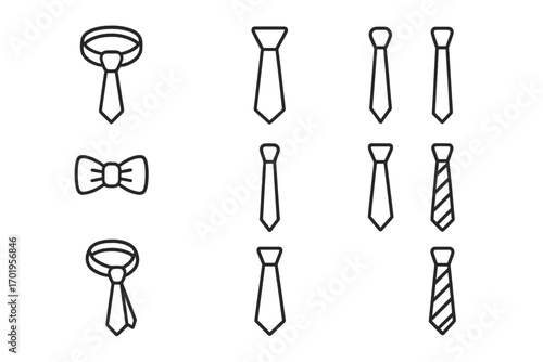 Tie and Bow Tie Icon Set with Editable Stroke for Websites, Books, Cards, Apps, Vector Cartoon Illustration with Transparent Background, Business Fashion Accessories Collection