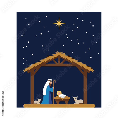 Nativity scene illustration depicting the birth of Jesus Christ in a stable with Mary, Joseph, and sheep under a starry night sky and a guiding star