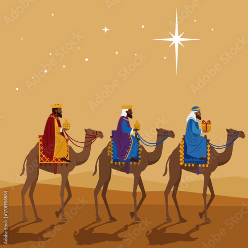 Biblical vector illustration of the three Magi on a journey through the desert, following the bright Christmas star