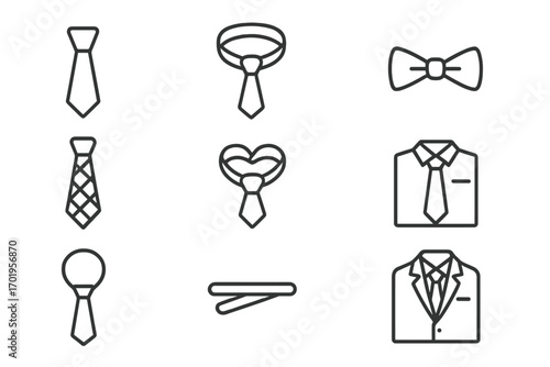 Tie related line icons set for websites, books, cards, apps, editable stroke, vector cartoon illustration, transparent background, business fashion accessories