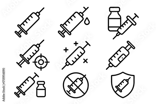 Syringe icons bundle medical injection vaccine thin line set, editable stroke vector illustration for healthcare, vaccination symbols, immunization design elements