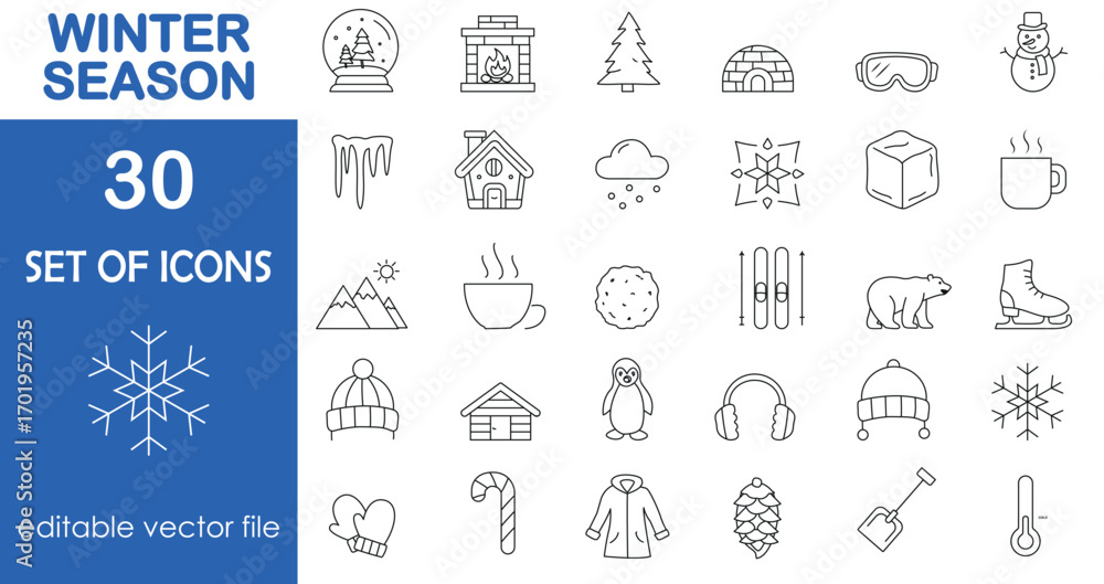 Fototapeta premium Winter season icon set with editable line strokes. signs like snowman, snowflakes igloo, snow, skiing, snow, and snowglobe