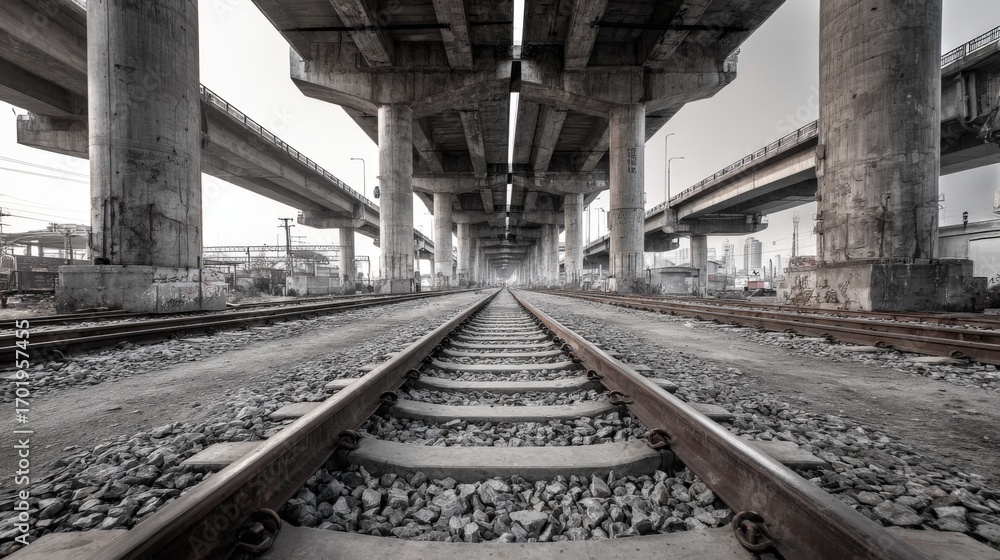 Fototapeta premium Urban Railway Perspective: Elevated Concrete Bridges and Railroad Tracks Converging Toward a Distant Cityscape