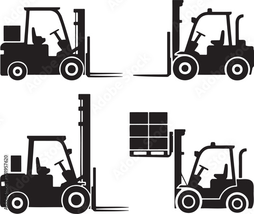 Forklift Truck Vector Icons Set – Black Silhouettes of Industrial Lifting Equipment in 2x2 Grid Design