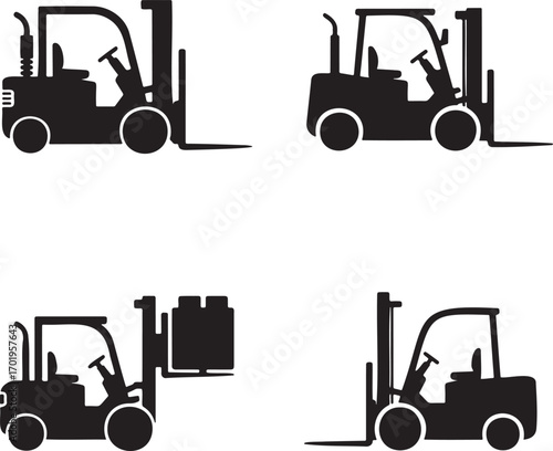Forklift Truck Vector Icons Set – Black Silhouettes of Industrial Lifting Equipment in 2x2 Grid Design
