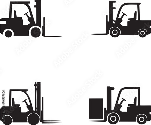 Forklift Truck Vector Icons Set – Black Silhouettes of Industrial Lifting Equipment in 2x2 Grid Design
