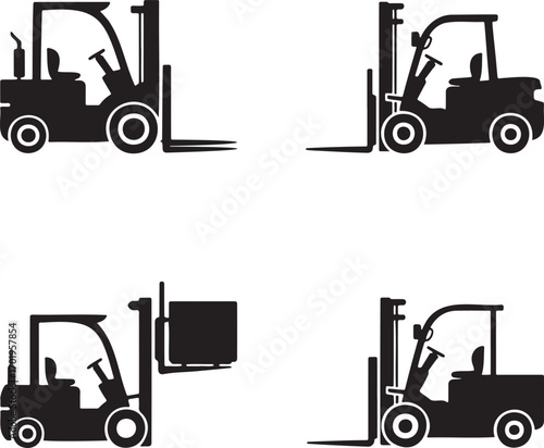 Forklift Truck Vector Icons Set – Black Silhouettes of Industrial Lifting Equipment in 2x2 Grid Design