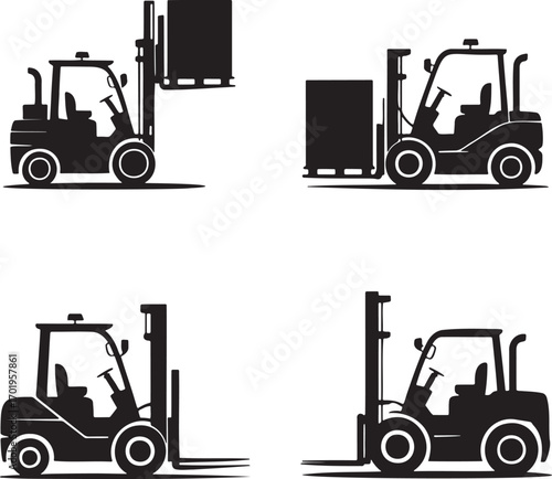 Forklift Truck Vector Icons Set – Black Silhouettes of Industrial Lifting Equipment in 2x2 Grid Design