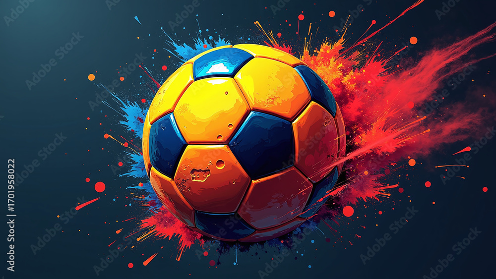 Naklejka premium Yellow-blue soccer ball bursts through red-orange splash of motion. 