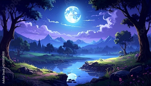 A serene, moonlit landscape with a calm river reflecting the vibrant night sky.