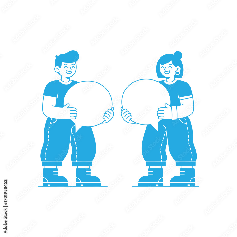 Fototapeta premium Two people holding speech bubbles isolated on white background