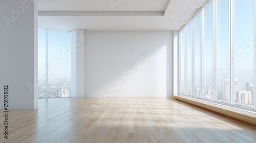 Wallpaper Mural Bright Empty Room with Large Windows and City View, Ideal for Real Estate and Interior Design Torontodigital.ca