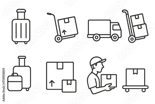 Logistics delivery service thin line icon set. Shipping, transportation, freight moving concepts. Courier with parcel, truck, dolly, baggage, and box outline icons. Editable stroke.