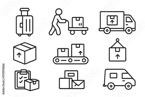 Logistics delivery and shipping line icon set. Parcel transportation and cargo freight distribution. Post service, courier, package. Truck, box, conveyor, baggage vector symbol.