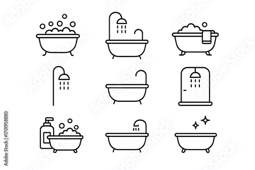 Bathtub and shower thin line icon set. Bathroom hygiene and cleaning symbols. Collection of bath, bubbles, foam, water, and soap pictograms. Editable stroke vector.