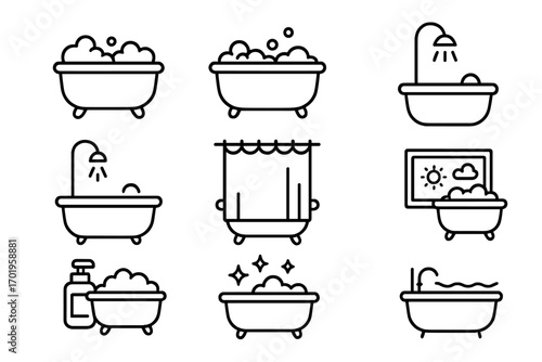 Bathtub line icon set. Vector collection of bath, shower, and hygiene symbols. Clean bathroom elements like soap, bubbles, and foam. Editable stroke for web and apps.