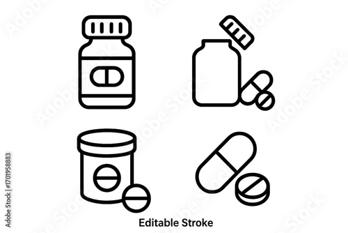 Medicine pill bottle icon set. Pharmacy drug store symbol. Medical healthcare treatment sign. Capsule and tablet pictogram for web, UI, apps. Editable stroke vector line art.
