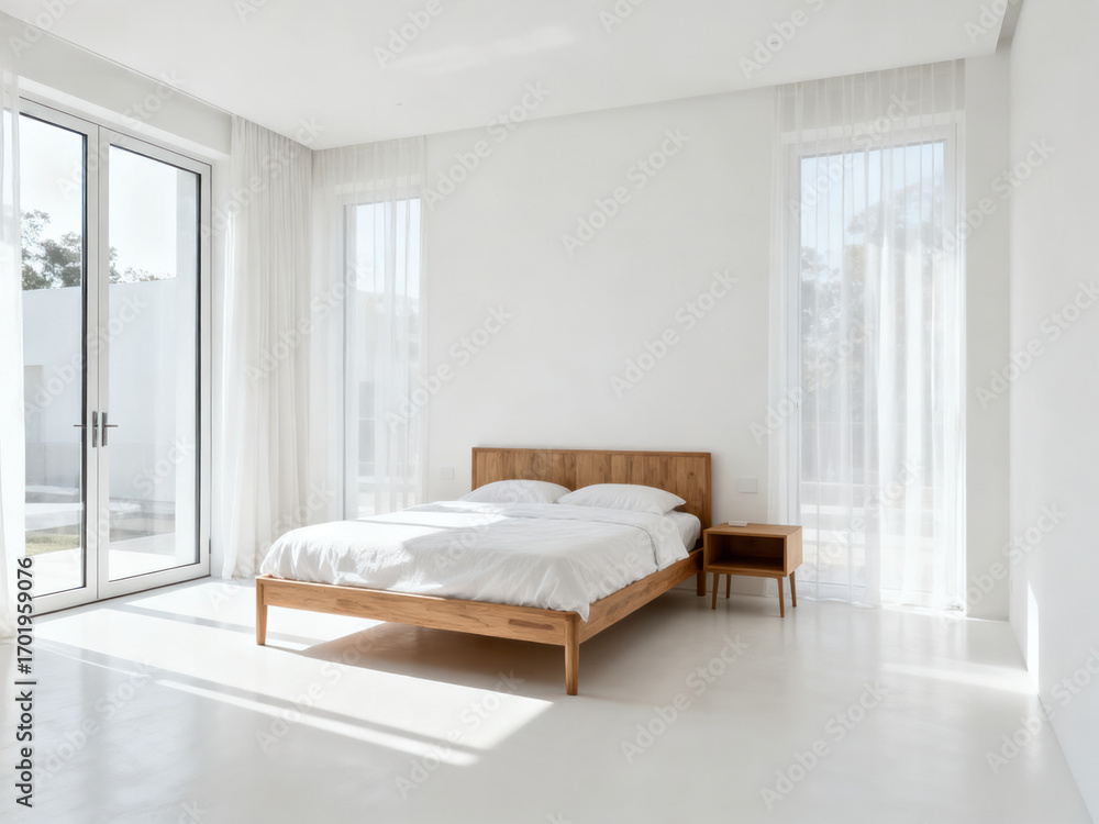 Fototapeta premium A bright and minimalist bedroom featuring a wooden bed, large windows with sheer curtains, and a clean, white interior for a restful ambiance.