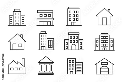 Building line icon set. Architecture and real estate outline symbols. Office, house, bank, factory, skyscraper pictogram collection. Urban construction property vector signs.
