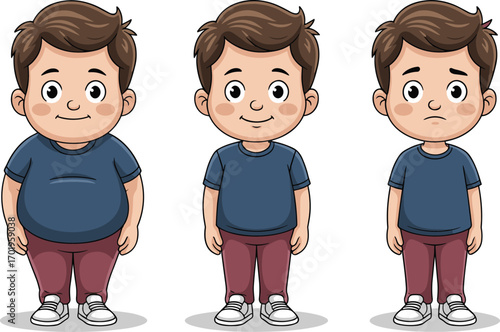 Cartoon Boy Body Transformation Vector Set – Fat to Slim to Thin with Emotional Expressions – Health, Fitness, and Weight Loss Concept