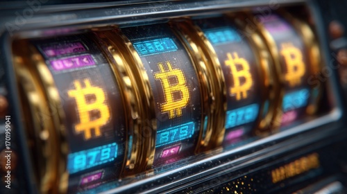 Bitcoin Slot Machine: A dynamic, eye-catching image of a slot machine, its reels displaying the iconic Bitcoin symbol.