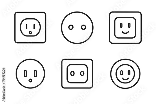 Power outlet line icon set. Editable stroke vector illustration. Minimalist pictogram collection of various sockets. American and European wall plug. Cute smiley face emoji.
