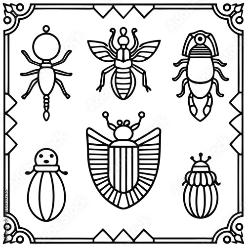 Ancient egyptian scarab beetle art border coloring page with stylized insects for adults