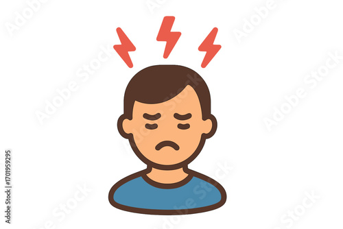 Headache and migraine icon. Stress, tension, and burnout concept. Man suffering from head pain and frustration. Mental health symbol. Vector illustration of a sick person.