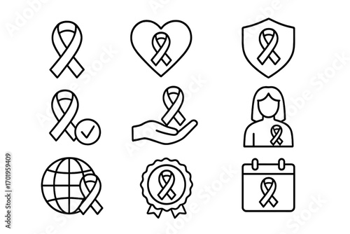 Breast cancer awareness line icon set. Pink ribbon symbol for hope, support, and prevention. Health care and charity campaign vector icons with editable stroke for UI and web.
