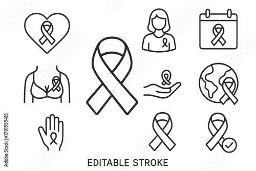 Breast cancer awareness month line icon set. Pink ribbon symbol of hope, support for women's health. Charity campaign vector logo collection. Medical oncology design elements.