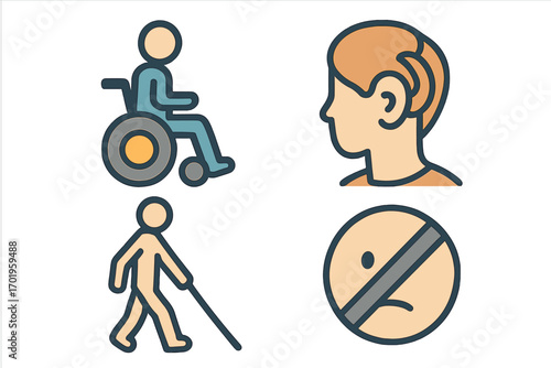Disability icon set. People with special needs. Vector illustration of wheelchair user, blind person with cane, hearing loss symbol, mute icon. Accessibility, inclusion concept.