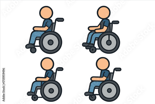 Man in wheelchair icon set. Vector cartoon illustration. Disabled person, handicapped symbol. Concept for accessibility, medical care, health, rehabilitation, special needs, invalidity.