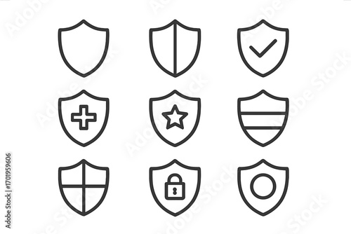 Shield line icon collection. Security, protection, safety, and defense symbols. Vector pictograms for data privacy, web, UI, UX design. Checkmark, lock, plus sign icons.