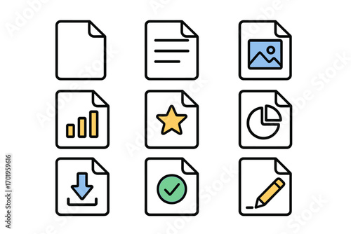 Modern file outline icons set. Vector document types illustration for mobile apps and web. Data, report, download, edit, image, chart, favorite, approved symbols.