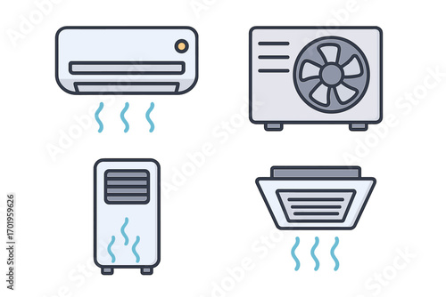 Air conditioner and ventilation system icon set. HVAC climate control symbols. Cooling, heating, and air flow vector illustrations for web, apps. Home appliance icons.