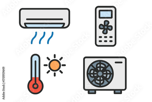 Air conditioner icon set. HVAC system symbols. Climate control concept. Cooling and heating illustration. Temperature regulation. Home appliance pictogram for web design UI UX.