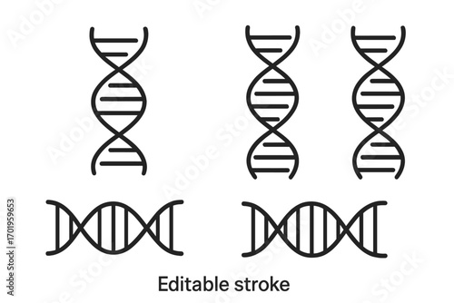 DNA helix strand icon set. Simple line art collection of genetic symbols. Biology, science, and medical concept vector illustration. Gene, chromosome, and molecule structure.