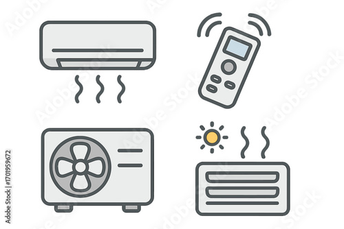Air conditioning and heating line icon set. HVAC system outline icons. Climate control, ventilation, conditioner, heater, remote control symbols for web and mobile. Vector.