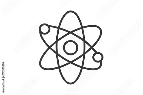 Science atom icon vector logo. Physics, chemistry concept illustration. Nuclear energy, quantum mechanics. Molecule structure with electron orbit. Research technology symbol.