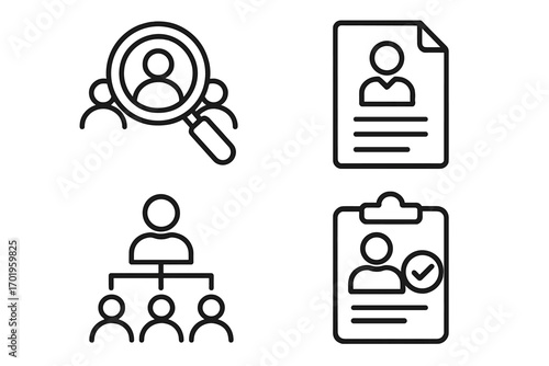 Business management and HR line icon set. Vector icons for recruitment, headhunting, resume review, team structure, and hiring approval. Personnel and staff concepts.