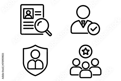 Human resources icon set. Recruitment, candidate search, employee verification, and user protection. Staffing and team management thin line vector pictograms for business.