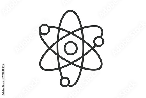 Atom icon for science, physics, and chemistry. Nuclear energy symbol. Vector line illustration of an atomic model with nucleus, electron, and proton. Quantum particle design.