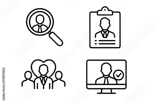Human resources line icon set. Recruitment, headhunting, candidate search. Employee profile, CV, resume review. Teamwork, loyalty, satisfaction. Online user verification.