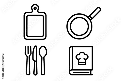 Cooking line icon set. Kitchen utensils vector pack. Culinary tools symbols. Frying pan, cutting board, cutlery, recipe book. Gastronomy outline icons for restaurant, menu.