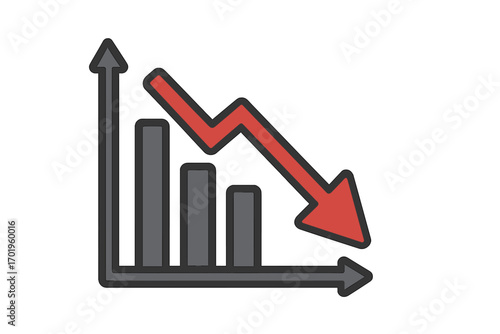 Vector illustration of a declining bar chart with a red arrow pointing down. Financial crisis, stock market crash. Economic recession, business loss, and failure concept.
