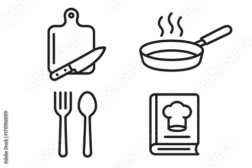 Cooking and kitchen icon set. Vector outline symbols for food preparation, restaurant menu, and culinary concepts. Includes cutting board, knife, pan, cutlery, and recipe book.