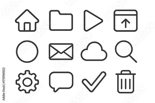 Modern universal line icon set for UI and UX design. Essential vector graphic collection for web and mobile apps. Includes home, folder, play, mail, cloud, search, settings.