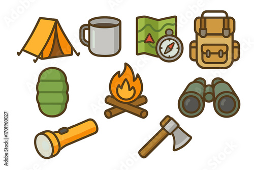 Camping icons set for hiking and outdoor adventure. Vector collection of travel equipment including tent, campfire, map, and backpack. Tourism and recreation concept.